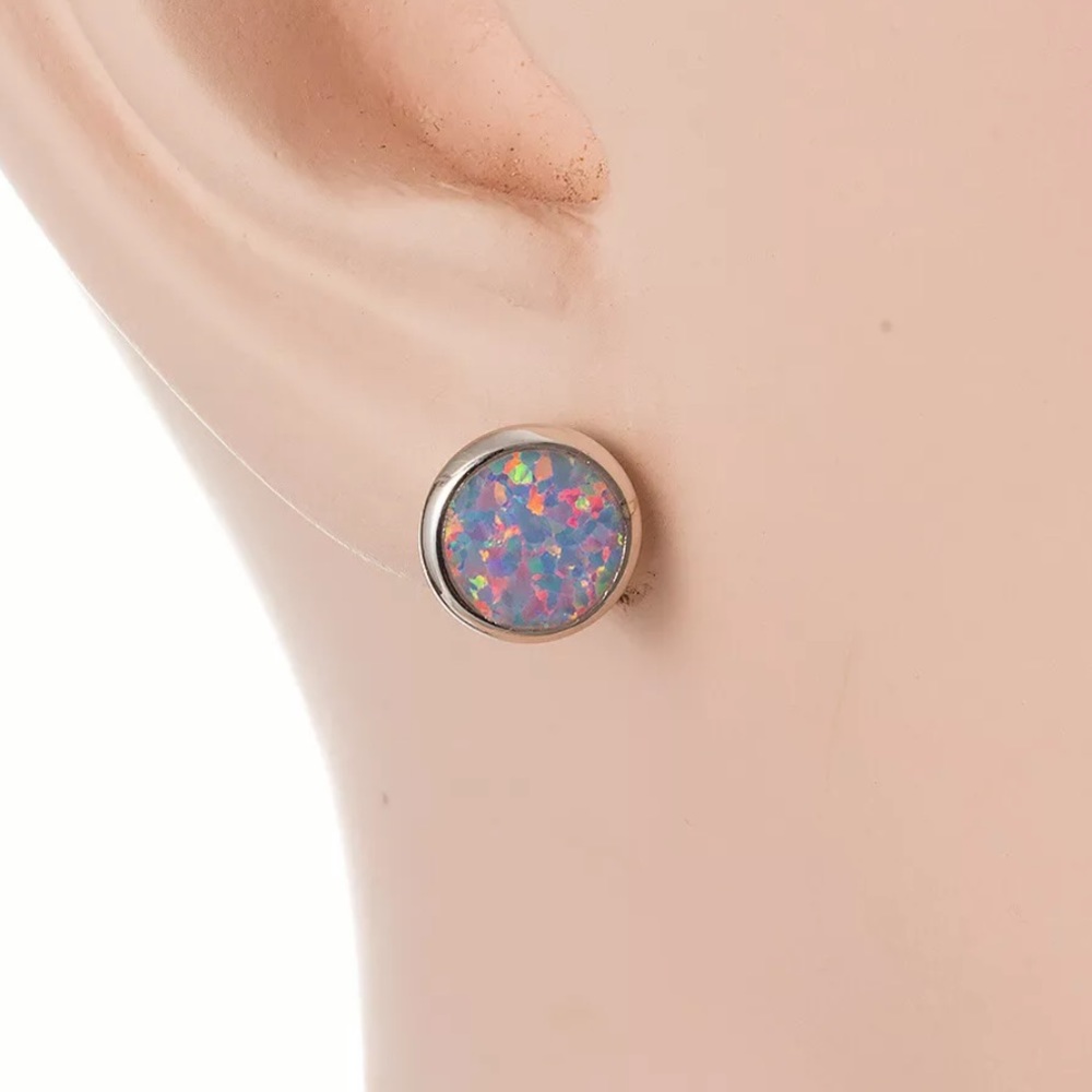 Fire opal earrings round silver blue purple